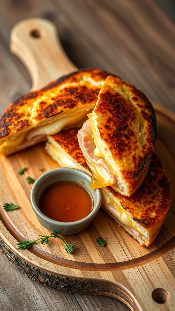 A crispy ham and cheese toastie cut in half, showing melted cheese and ham, on a wooden board with dipping sauce.